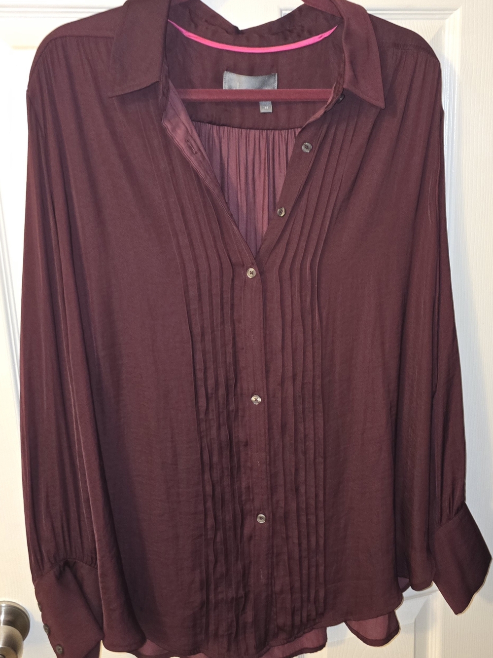 Pleated Front Button-Up Blouse in Deep Burgundy 1X PLUS